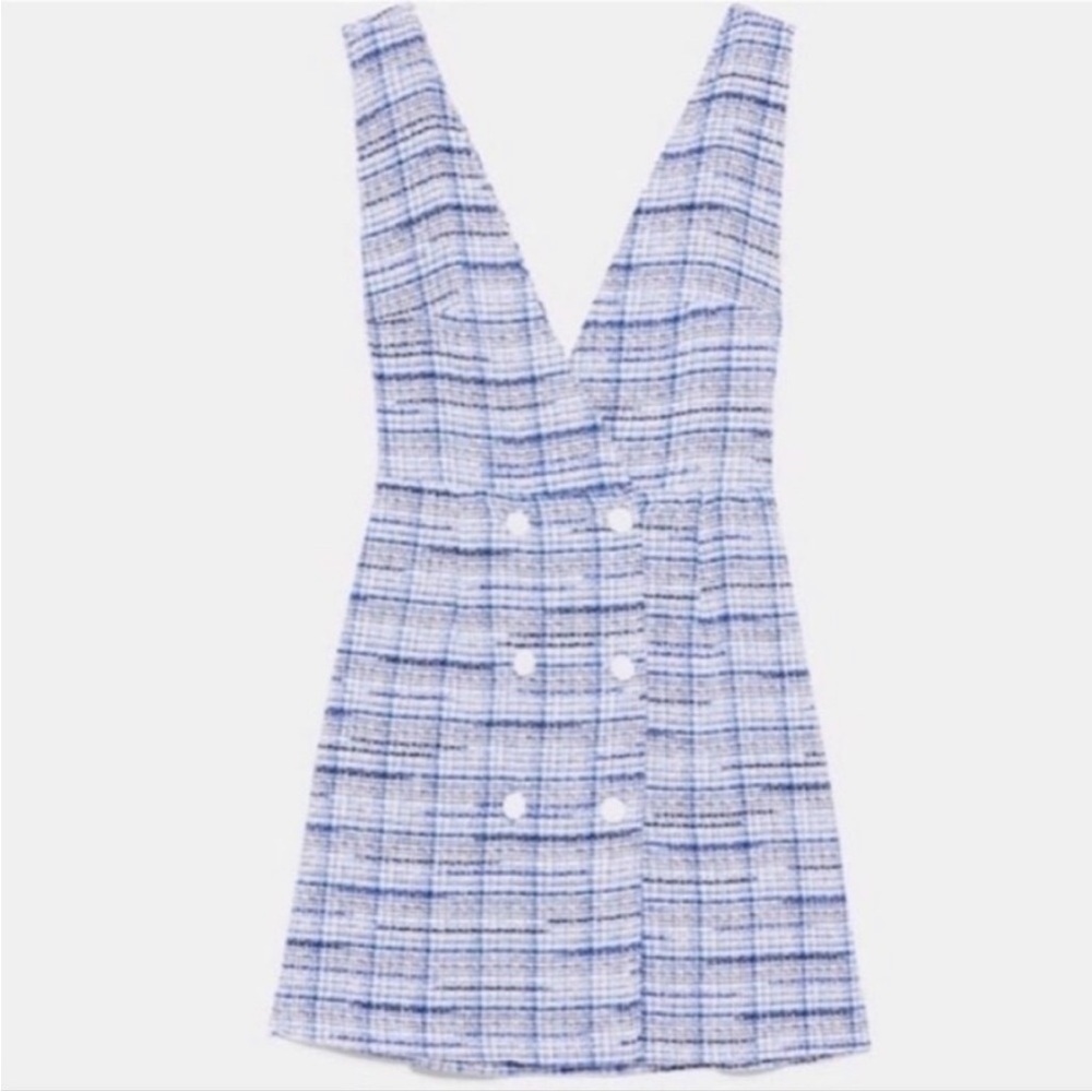 NWT ZARA Doublebreasted Blue Tweed Pinafore Playsuit Dress - Picture 2 of 15